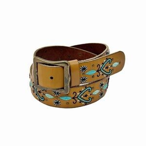 Vintage Lucky Brand Tan Leather Belt with Turquoise and Black Embroidery